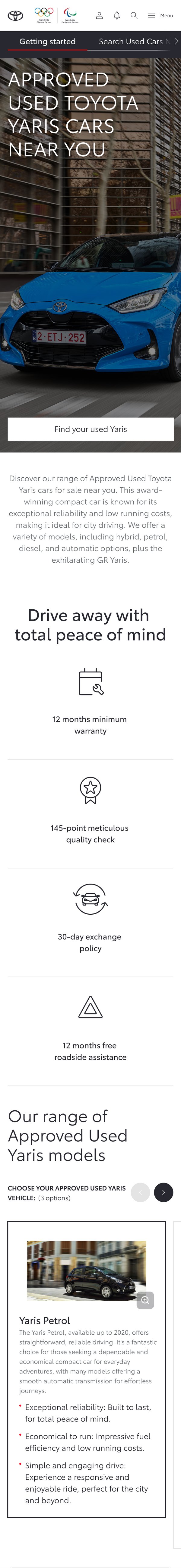 Toyota Approved Used Yaris page scrolling on a phone