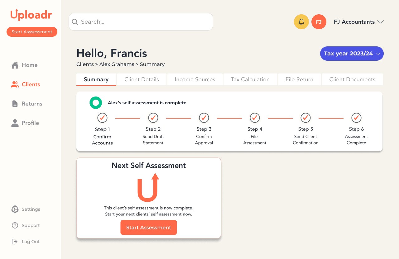 Uploadr client summary screen